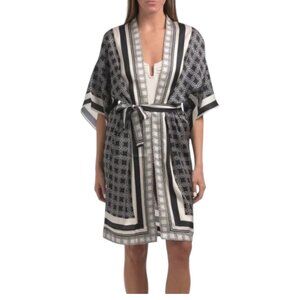 GOTTEX Black Cream Golden Chic Kimono Flutter Sleeve Cover-up Robe With Tie